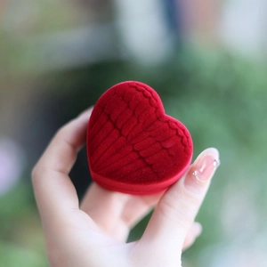 Macro shot of red heart velvet jewelry box with embossed wing texture and soft matte finish
