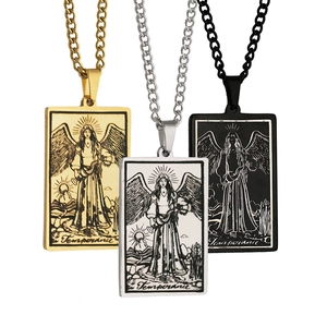 Detailed engraving of Temperance tarot pendants in gold, silver, and black finishes