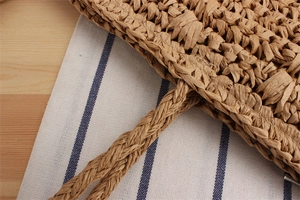 Close-up of hand-woven paper rope bag showing natural texture and reinforced handle
