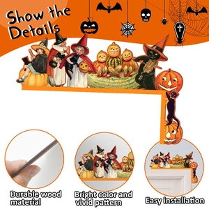 Detail view of durable wooden Halloween door corner decor featuring witch and black cat