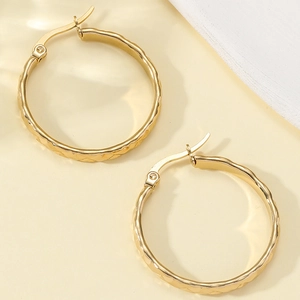 Minimalist 18k gold plated stainless steel hoop earrings with diamond pattern texture