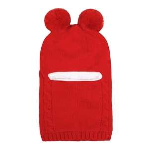 Dettaglio macro del passamontagna rosso per bambini con calda fodera in pile bianco e pompon
