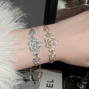 Rose Flower Adjustable Bracelet Copper With Sparkly Pave Zircon Leaf Elegant French Style Light Luxury Jewelry Women