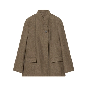 Herringbone Tweed Blazer Jacket For Women Retro Single Button Office Outwear Brown Elegant Lapel Coat