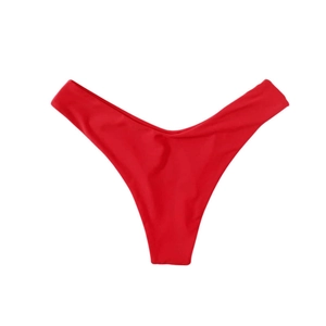 Detail of red high-cut V-shaped bikini bottoms with smooth stretch fabric and seamless edges