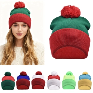 Christmas Knitted Beanie Hat Pom-Pom Acrylic Warm Winter Cap Color Block For Adult Festive Outdoor