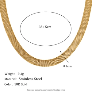 Detailed view of 8.1mm flat woven mesh chain necklace with 18K gold plating over steel