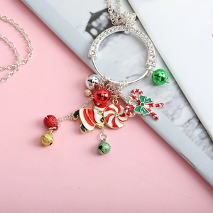 Christmas necklace with silver rhinestone ring, Santa and colorful bells charms
