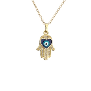 Gold Hamsa Hand necklace with zircon pavé and blue evil eye heart charm pendant