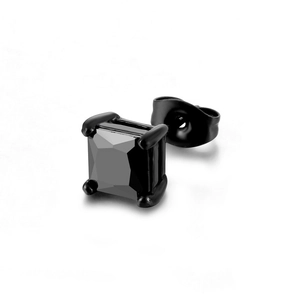 Modern square black zircon stud earrings with 4-prong setting in black stainless steel