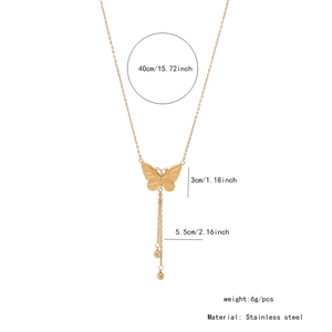 Detailed view of golden butterfly necklace with fringe and precise dimensions