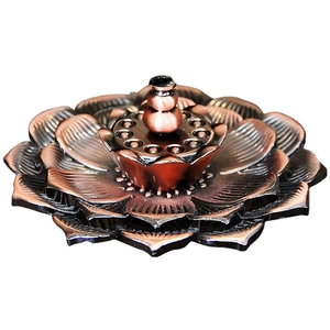 Porte-encens lotus en bronze antique avec brûleur à trous et support en forme de gourde