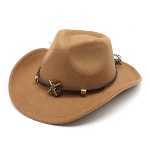 Detail of wool felt western cowboy hat featuring braided band and gold metallic ornaments
