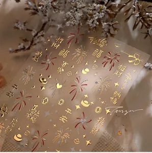 Detail of Chinese New Year nail stickers with 3D gold embossed festive characters