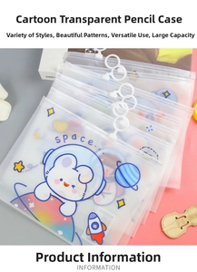 Close-up of translucent cartoon space bunny pencil case with ring zipper and space pattern