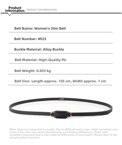 Detail of slim black PU leather belt for women showing the golden alloy buckle and dimensions