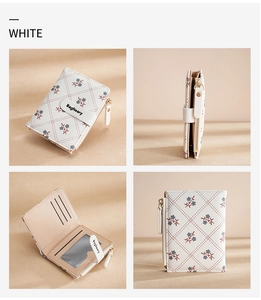 Detailed views of white PU leather wallet featuring floral patterns and quilted diamond texture