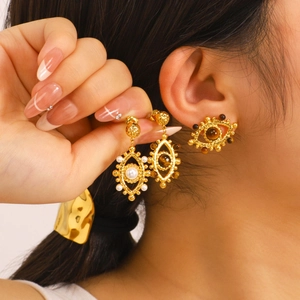 Luxurious 18K gold plated hollow eye earrings with turquoise pearls and brown gemstones