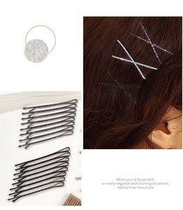 Detail showing glitter bobby pins set with multi-color gradient finish for hair styling