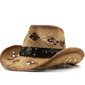 Western Cowboy Straw Hat Wide Brim Breathable Hollow Out Vintage Sun Protection Unisex Retro Beach Travel Outdoor