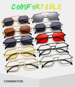 Detailed grid showing geometric octagonal sunglasses with dual bridges in multiple colors