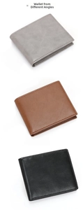 Vertical display of slim genuine leather wallets in gray, brown, and black with fine stitching