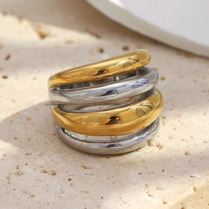 Minimalist multi-layer two-tone stainless steel ring in 18K gold and silver finish