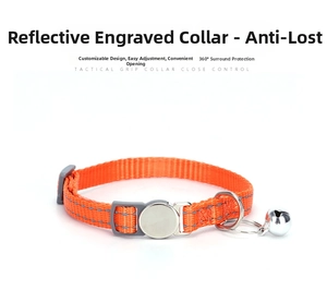 Dettaglio del collare per gatti in nylon arancione riflettente con fibbia in metallo