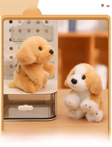Detail of plush golden retriever dog keychain showing soft faux fur and metal hook