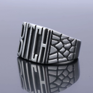 Silver punk style stainless steel wide ring featuring BITCH lettering and scale texture