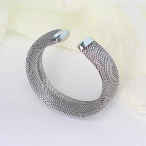 Elegant silver stainless steel mesh bracelet featuring a modern C-shaped open design