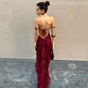 Sexy burgundy backless lace maxi dress with crisscross straps and ruffled hemline