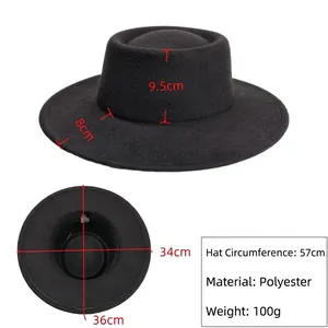 Flat top wide brim black felt wool fedora hat with detailed size measurements