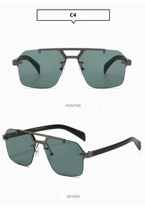 Detail view of square rimless sunglasses in C4 gunmetal color with anti-slip temple tips