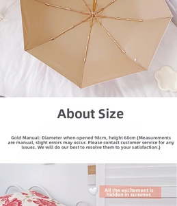 Detail view of gold UV sun umbrella showing 98cm diameter and 60cm height dimensions