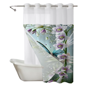 Waterproof double layer shower curtain with purple lily floral and blue butterfly digital print