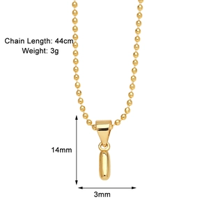 Detailed view of golden bead necklace with dimensions 14mm pendant and 44cm chain