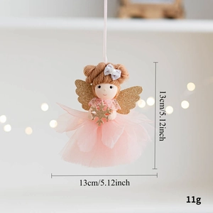 Detailed view of pink angel doll ornament with tulle skirt and golden wings for Christmas