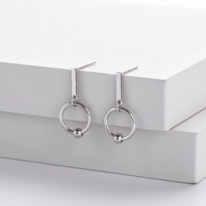 Minimalist S925 sterling silver geometric double hoop drop earrings with silver beads