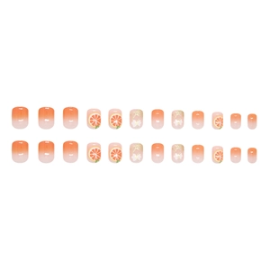Orangefarbene Farbverlauf-Kunstnägel mit Obstart, Blumenmuster und Glitzer, 24er-Set