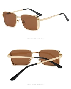 Detail view of retro square metal sunglasses with brand logo on the temples