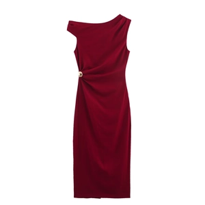 Women's Elegant Wine Red One Shoulder Ruched Midi Dress Linen Blend High Waist Slit Bodycon Dress For Party Banquet