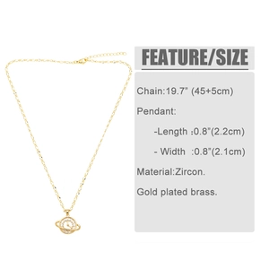 Detailed view of gold Saturn pendant with white zircons and Figaro chain dimensions