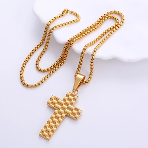 Gold 18k plated cross pendant necklace with box chain and link textured design