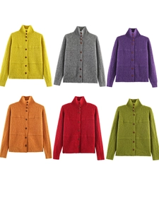 Detailed grid view of six vibrant colors for this high-neck ribbed knit cardigan