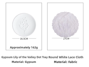 Detail of lily of the valley relief on gypsum jewelry tray and lace fabric table mat