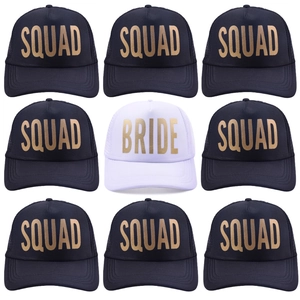 Set of 9 Bride and Squad mesh trucker hats for bachelorette parties in navy and white
