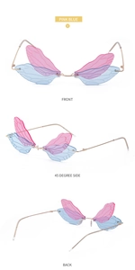 Three-view layout of pink and blue dragonfly wing sunglasses with metal temples