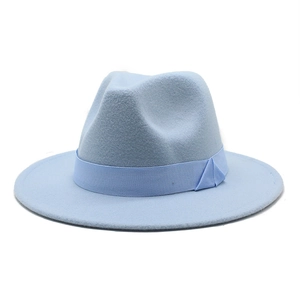 Classic light blue wool felt fedora hat with matching grosgrain ribbon on white background