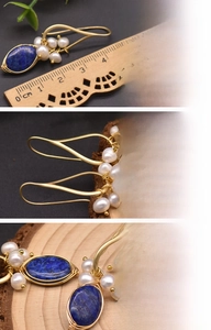 Detail of lapis lazuli earrings with natural freshwater pearls and 18K gold plating